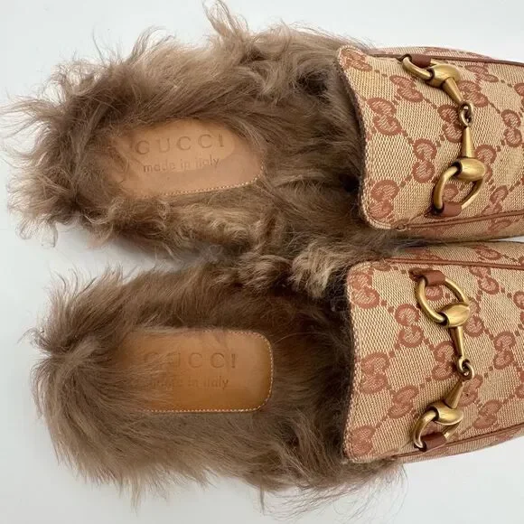 Gucci Princetown Horsebit Brown GG Print Canvas Fur Slippers Loafers US 7 EU 41